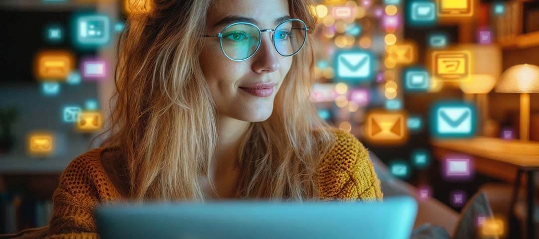 Email marketing by email marketing agency Sacramento driving results Smiling woman using a laptop surrounded by email icons, symbolizing expert email marketing campaigns and list building.