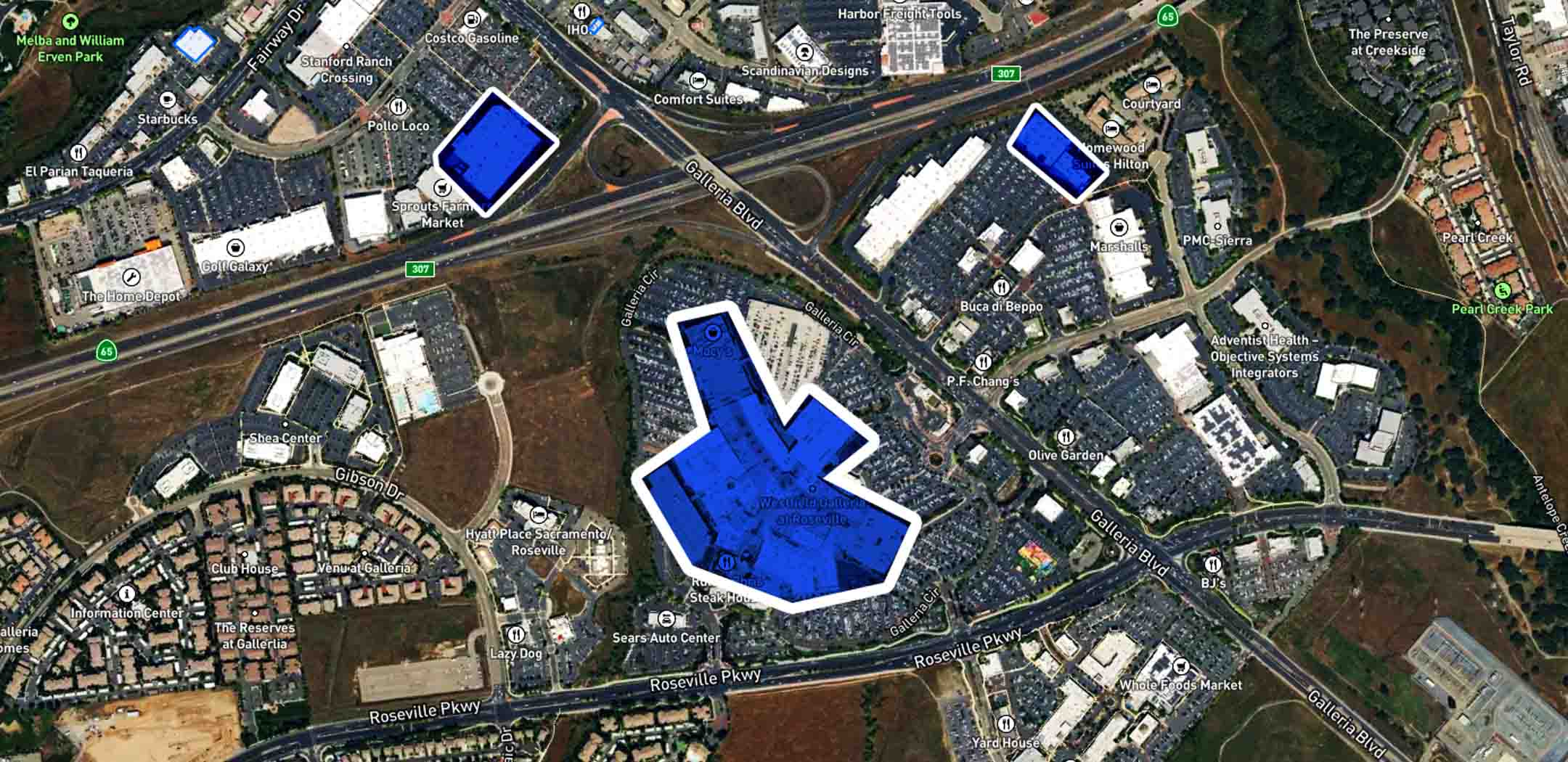 An interactive geofencing map with detailed targeting areas, overlaid on map of Roseville CA's main retail sector.