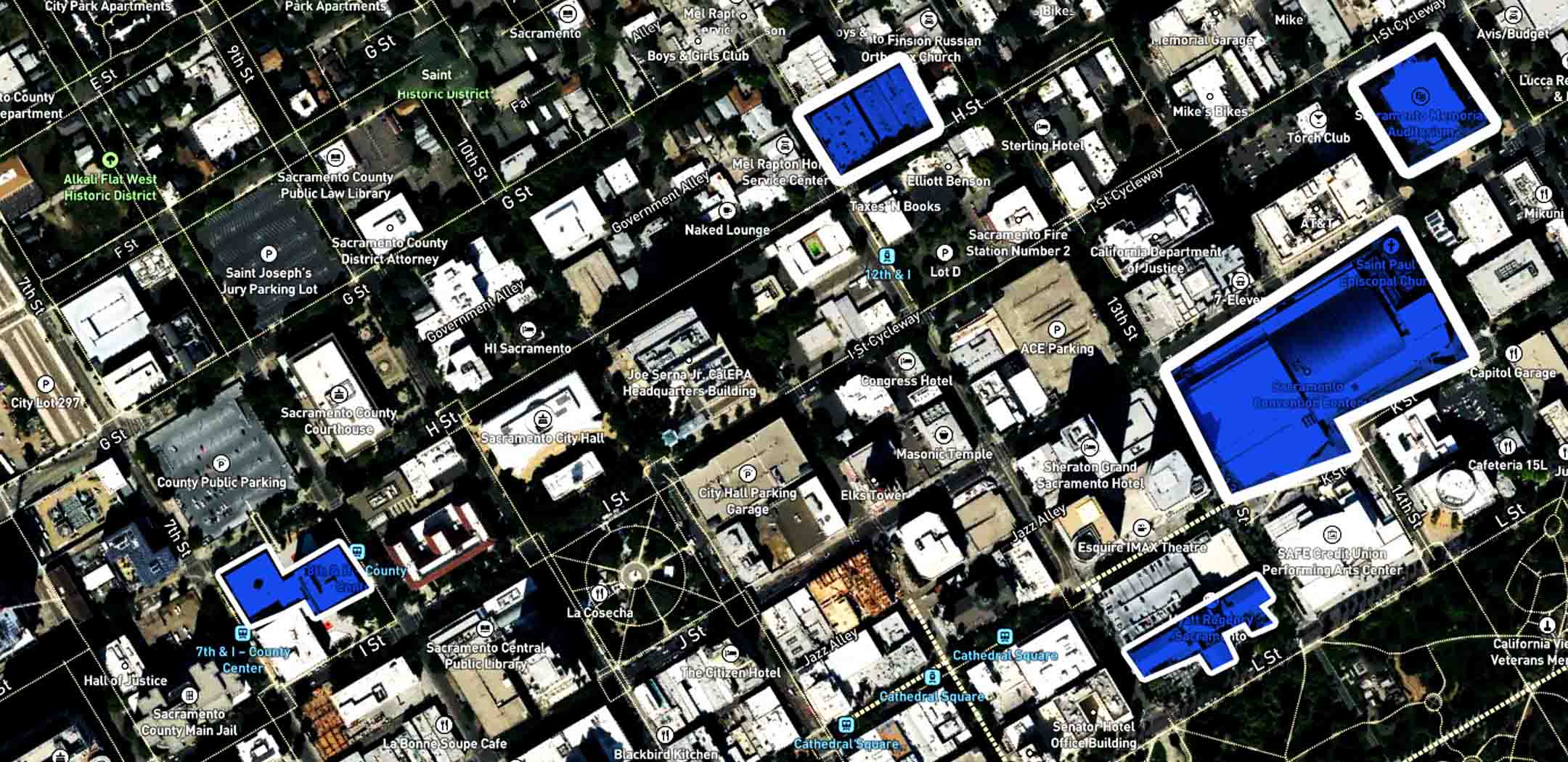 An interactive geofencing map with detailed targeting areas, overlaid on map of downtown Sacramento CA