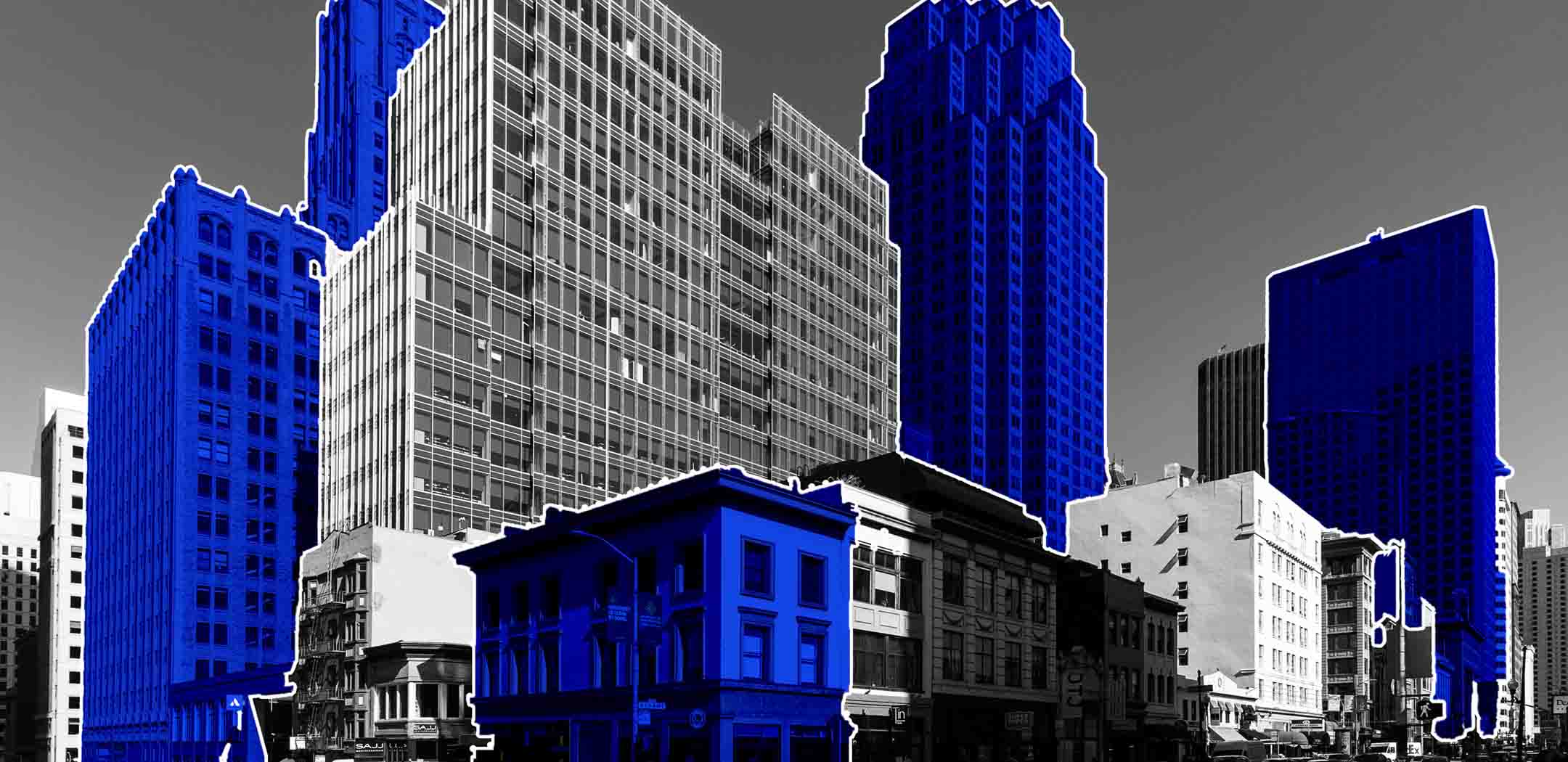 An image of a part of San Francisco CA's cityscape in black and white with select buildings highlighted in blue to demonstrate the selective nature and capabilities of geofencing marketing.