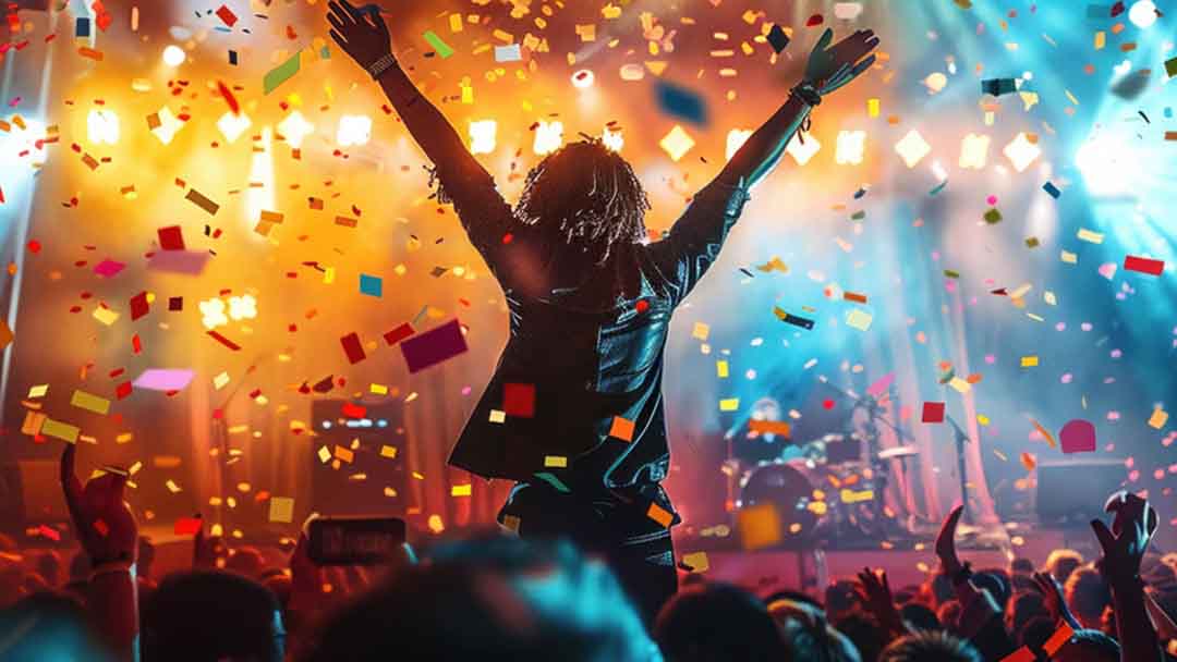 Silhouette of a rock concert fan on the shoulders of another fan celebrating a great user experience under confetti and lights, symbolizing Foss Marketing Group's vibrant impact on your business' sales and customer engagement.