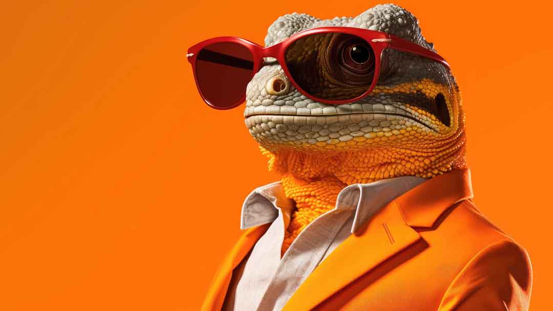 Lizard in a sharp orange suit and sunglasses, representing a marketing company near you with unique and creative strategies.