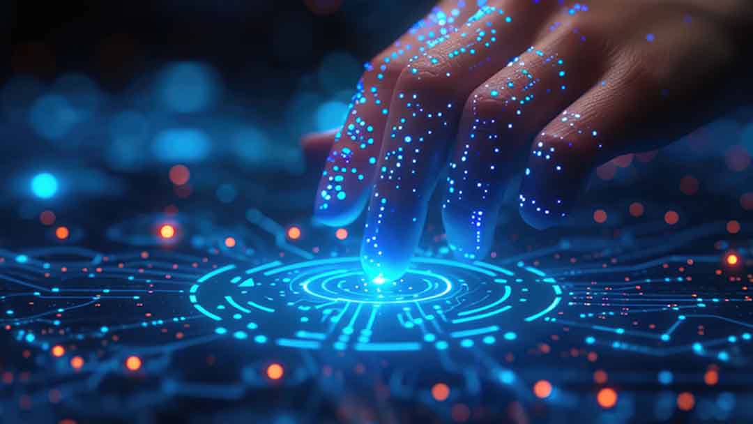 Hand interacting with a glowing digital interface, symbolizing cutting-edge internet marketing solutions for businesses near you.