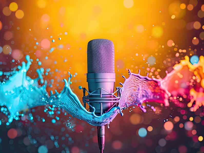 Creative branding agency content strategy Roseville Sacramento services Studio microphone with vibrant paint splash and bokeh lights showing creative branding agency voice and strategy focus.