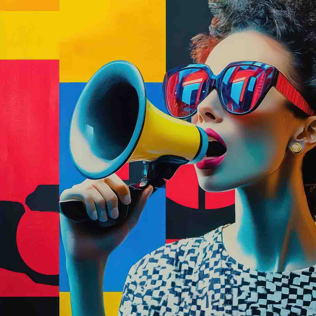 Amplify brand strategy with creative branding agency Roseville Sacramento Colorful woman with megaphone, sunglasses, edgy art background showing branding agency energy and brand strategy creative focus.