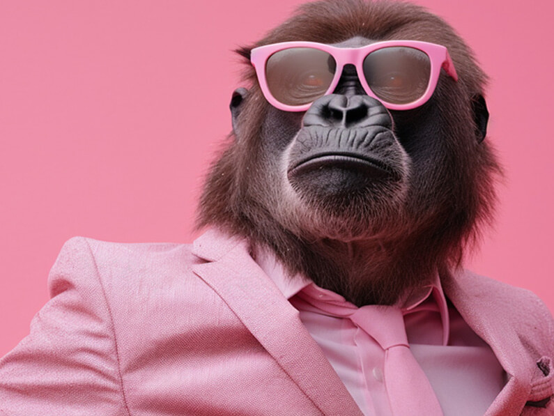Bold content marketing that commands attention and crushes the noise Gorilla in pink suit and glasses symbolizing bold, brand-driven content marketing with serious attitude in Roseville and Sacramento