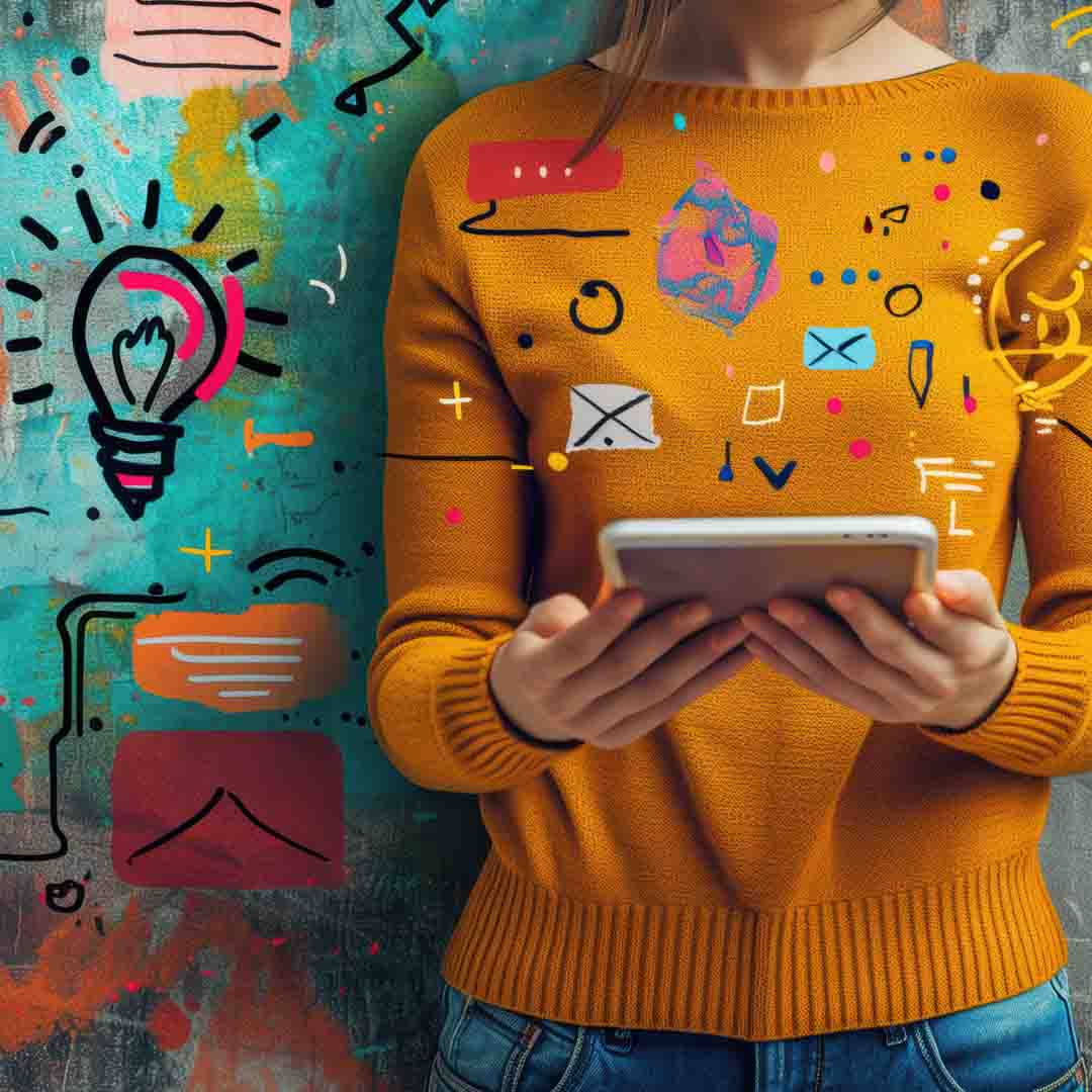 Creative content strategy and market research services that amplify ROI Young woman using tablet with illustrated marketing icons, symbolizing content marketing and research services in Roseville and Sacramento