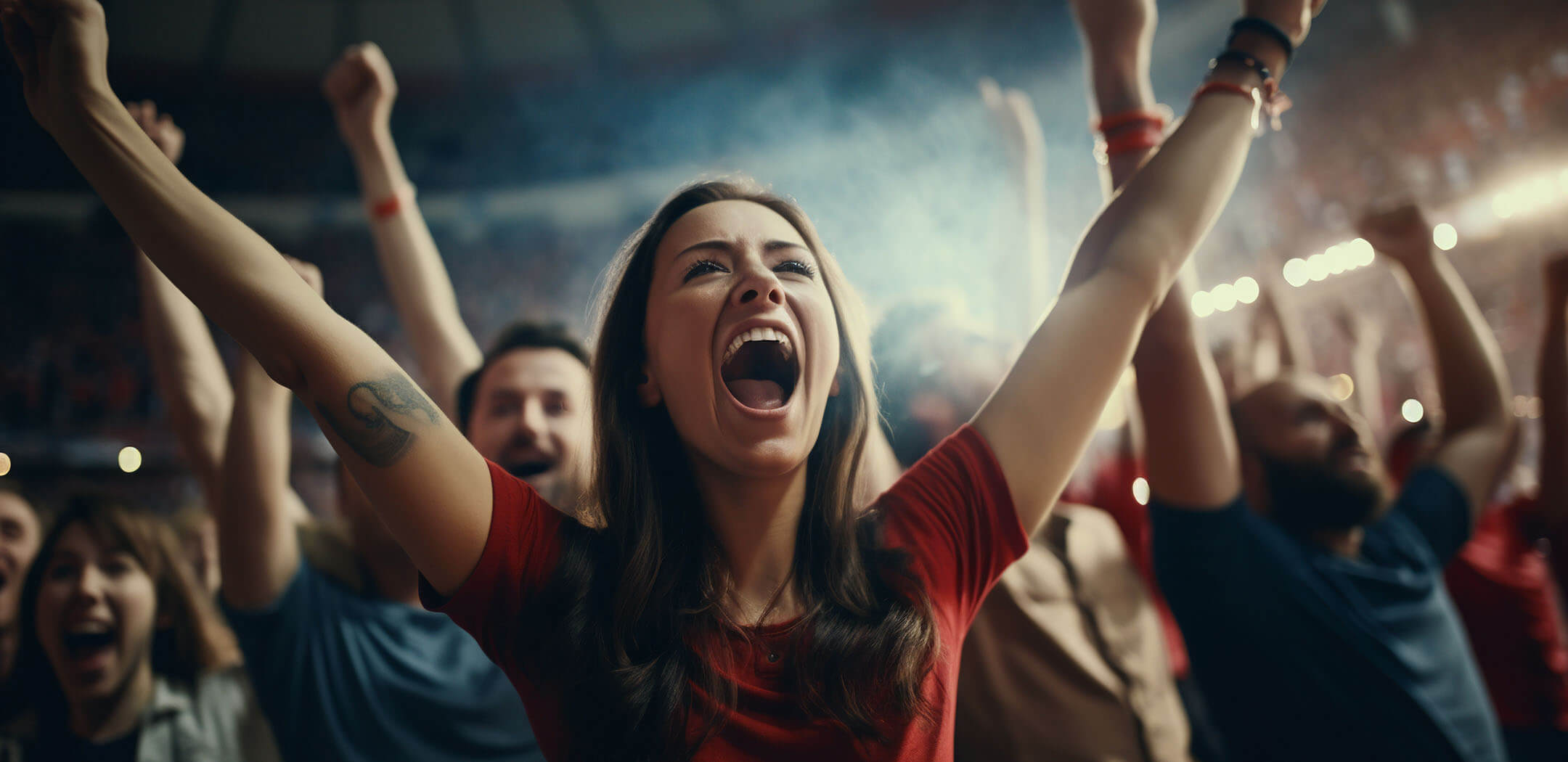 Loud, high-impact content marketing that connects and drives response Excited woman cheering in a crowd, symbolizing bold content strategy that fires up and connects with audiences, near you in Roseville and Sacramento