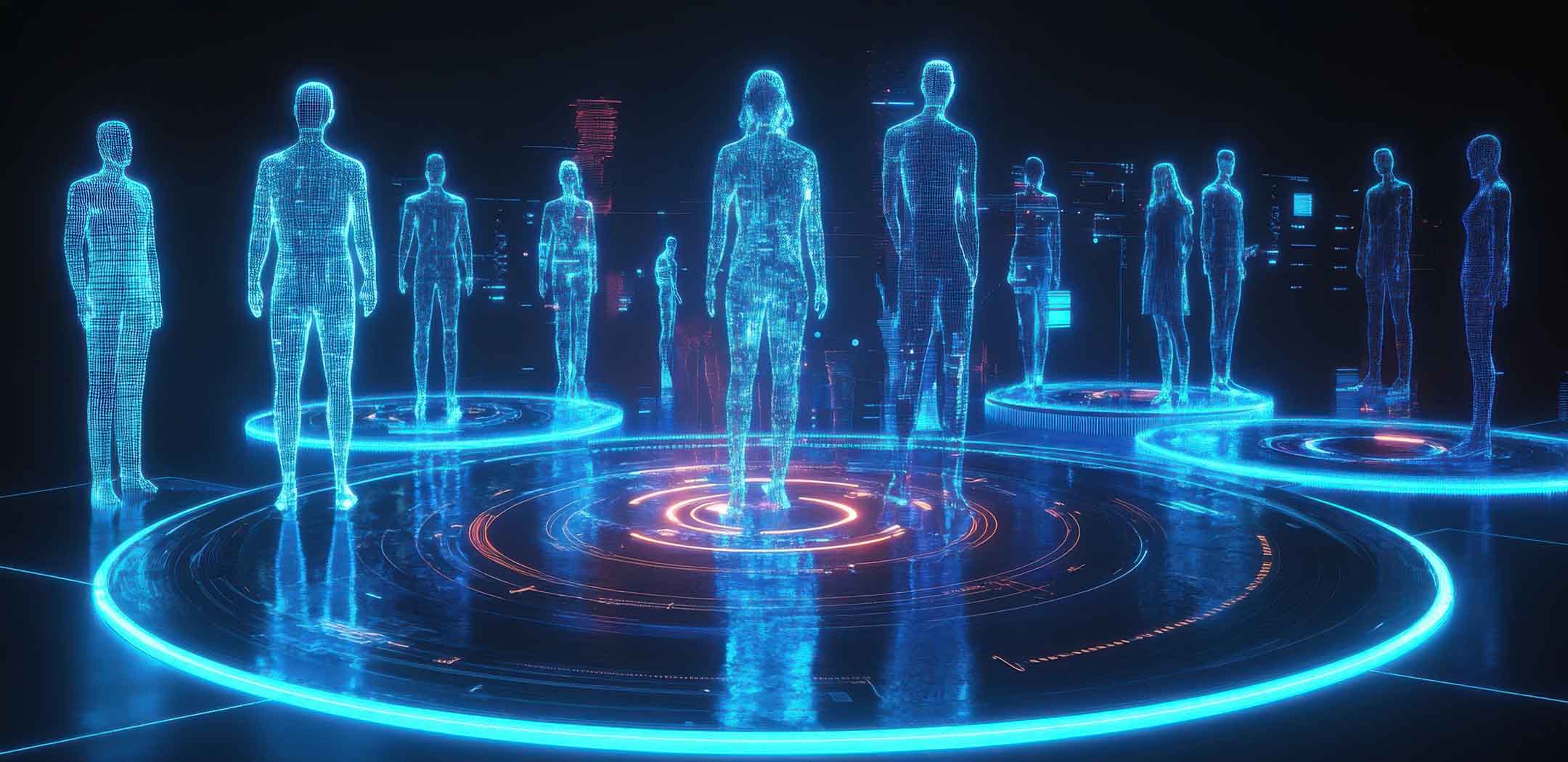 Blue holographic figures stand in glowing rings representing market research, segmentation, and SWOT analysis in Roseville and Sacramento