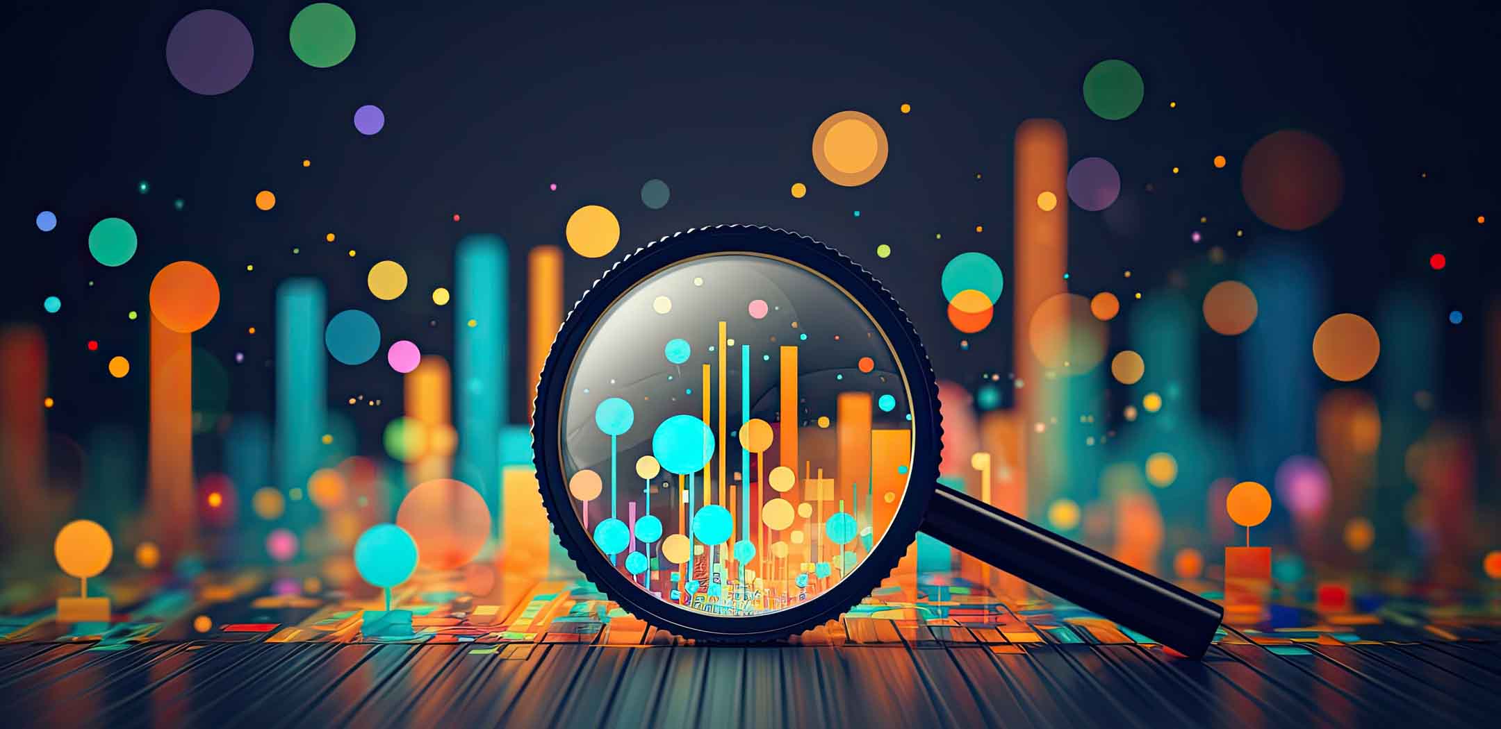 Colorful bar graphs and dots magnified to represent marketing research services and market study strategies in Roseville Sacramento