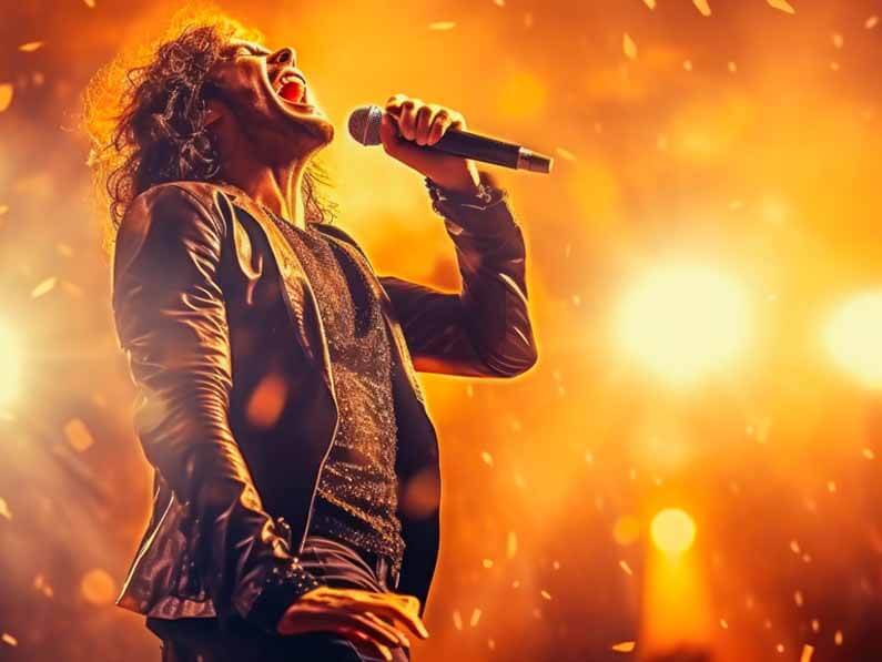 Rock star branding agency brand strategy Roseville Sacramento creative Rock singer in leather jacket with mic on bright stage, connecting with his audience, symbolizing bold branding agency creative energy and brand voice.