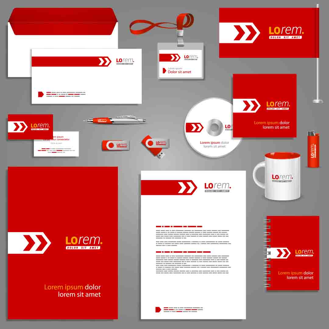 Branding agency kit with logo design for Roseville Sacramento clients Red white branding kit with envelopes, cards, mugs, pens, showing cohesive branding strategy for companies and agencies.